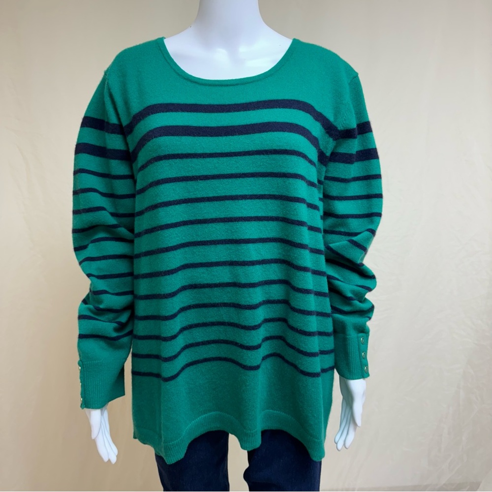 Talbots Pullover 100% Cashmere Sweater Plus 2X Navy Blue Green Striped Soft Slim - Picture 4 of 15